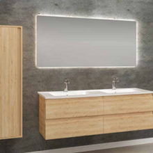 Badkamermeubel 160x46x50cm Mat Eiken 4 softclose lades - Wastafel Solid Surface Dubbele wasbak zonder kraangaten