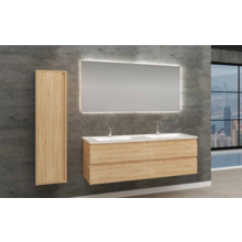 Badkamermeubel 160x46x50cm Mat Eiken 4 softclose lades - Wastafel Solid Surface Dubbele wasbak zonder kraangaten