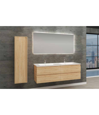 CREAVIT Badkamermeubel 160x46x50cm Mat Eiken 4 softclose lades - Wastafel Solid Surface Dubbele wasbak zonder kraangaten