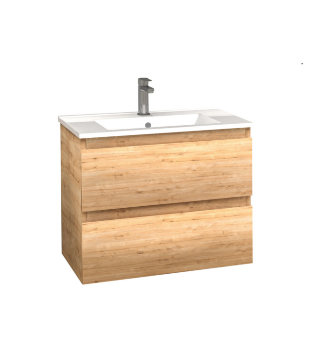 CREAVIT Badkamermeubel 160x46x50cm Mat Eiken 4 softclose lades - Wastafel Solid Surface Dubbele wasbak zonder kraangaten