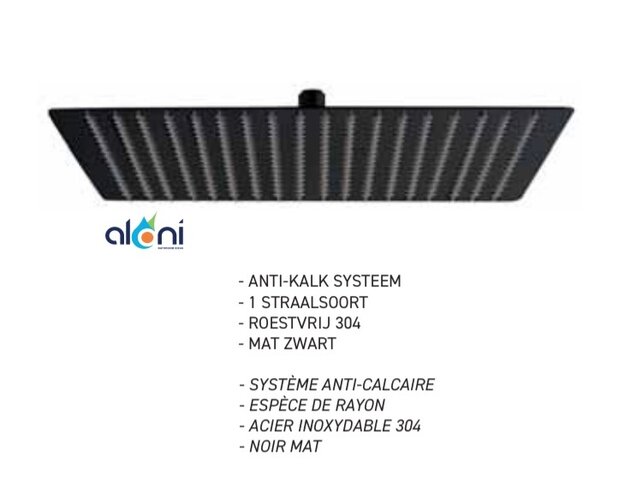 Regendouchekop Mat Zwart 20x20 cm Aloni Donna Vierkant Hoofddouche met rubbere sproeimondjes roestvrij