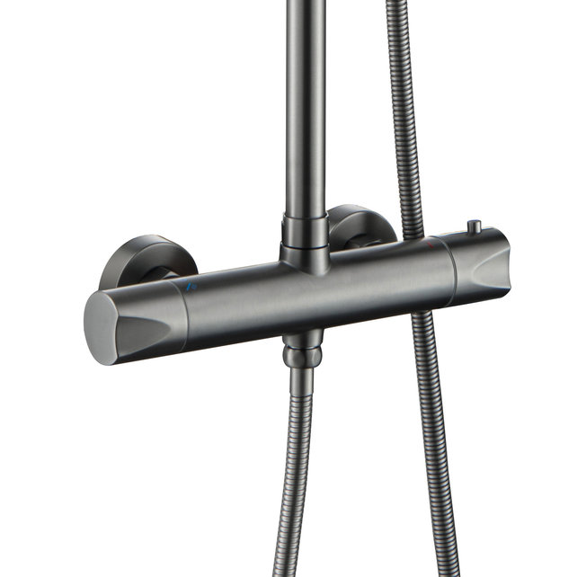 Regendoucheset Mila Gunmetal Rond Opbouw Thermostatisch Hoofddouche 20 cm