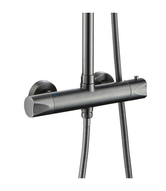 Regendoucheset Mila Gunmetal Rond Opbouw Thermostatisch Hoofddouche 20 cm