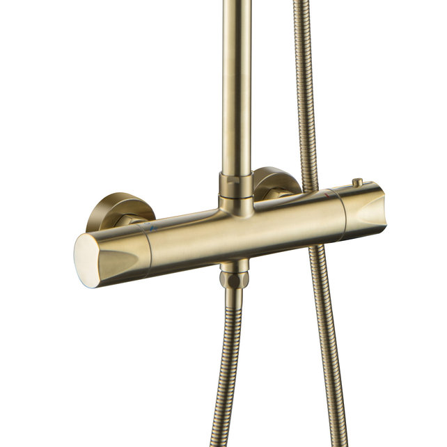 Regendoucheset Mila Geborsteld Goud Rond Opbouw Thermostatisch Hoofddouche 20 cm Regendoucheset Mila Geborsteld Goud Rond Opbouw Thermostatisch Hoofddouche 20 cm