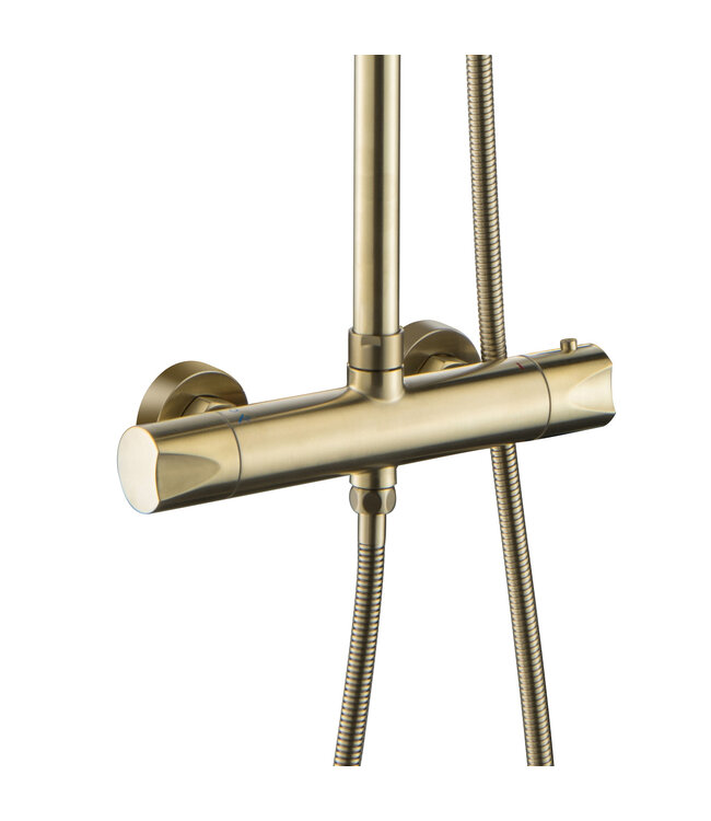 Regendoucheset Mila Geborsteld Goud Rond Opbouw Thermostatisch Hoofddouche 20 cm