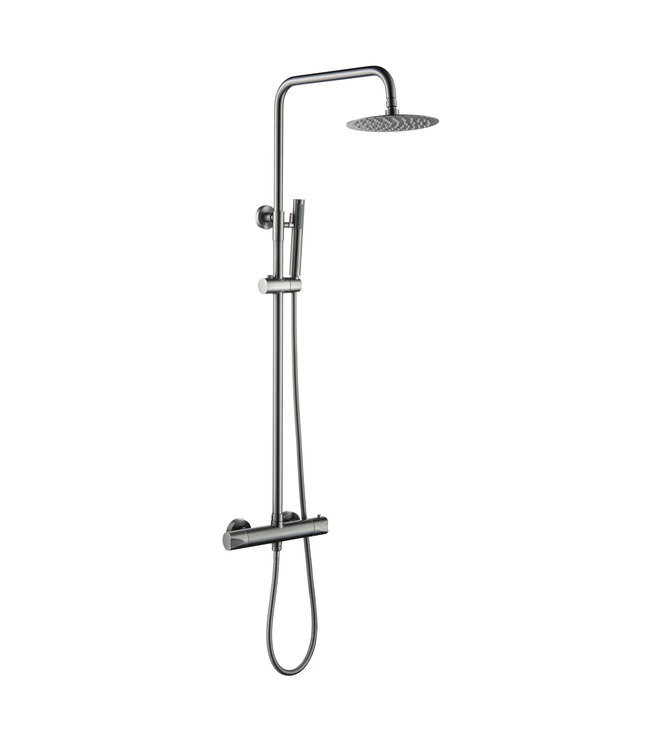 Regendoucheset Mila Geborsteld koper Rond Opbouw Thermostatisch Hoofddouche 20 cm