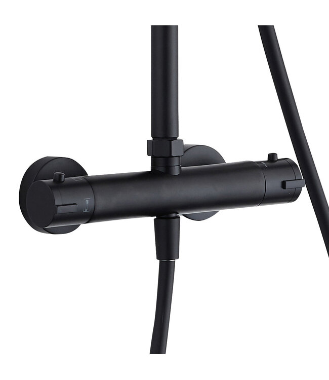 Regendoucheset Mila Mat Zwart Rond Opbouw Thermostatisch Hoofddouche 20 cm