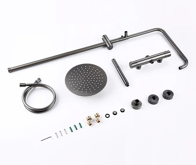 Regendoucheset Mila Gunmetal Rond Opbouw Thermostatisch Hoofddouche 20 cm