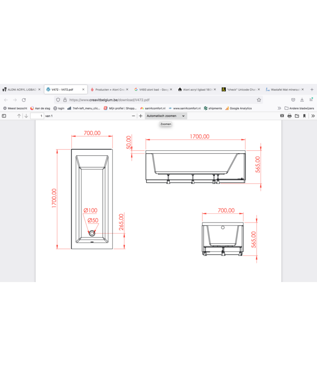 ALONI Creavit Pearl acryl inbouw ligbad 170x70 cm hoogglans Wit met badpoten excl. ombouw