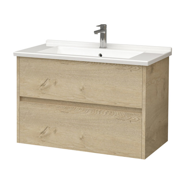 Badkamermeubel Hayat 80x52x46 cm Eiken met keramische wastafel 2 lades Greeploos Badkamermeubel Hayat 80x52x46 cm Eiken met keramische wastafel 2 lades Greeploos