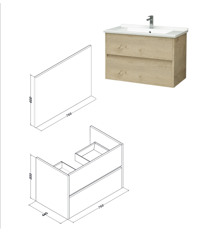 Badkamermeubel Hayat 80x52x46 cm Eiken met keramische wastafel 2 lades Greeploos