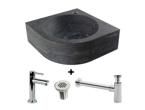 Sanipro Fonteinset Toilet Rond Hoek 30x30x10cm Natuursteen Antraciet incl. fonteinkraan Sifon en Rooster Chroom.