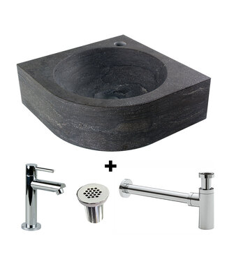 SANI-SUPPLY Sanipro Fonteinset Toilet Rond Hoek 30x30x10cm Natuursteen Antraciet incl. fonteinkraan Sifon en Rooster Chroom.