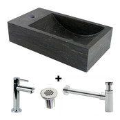 Fonteinset Natuursteen Recto Rechthoek Links 40x22x10cm Antraciet incl. fonteinkraan, Sifon en rooster