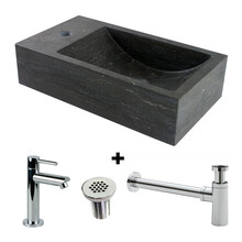 Fonteinset Natuursteen Recto Rechthoek Links 40x22x10cm Antraciet incl. fonteinkraan, Sifon en rooster