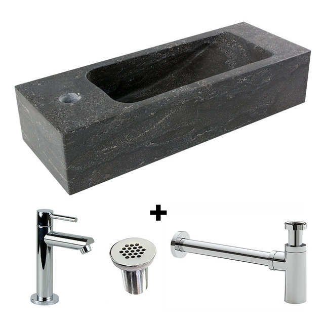 Fonteinset Natuursteen Slim 45x17x10 cm Rechthoek Rechts Antraciet incl. Fonteinkraan, Sifon en Rooster