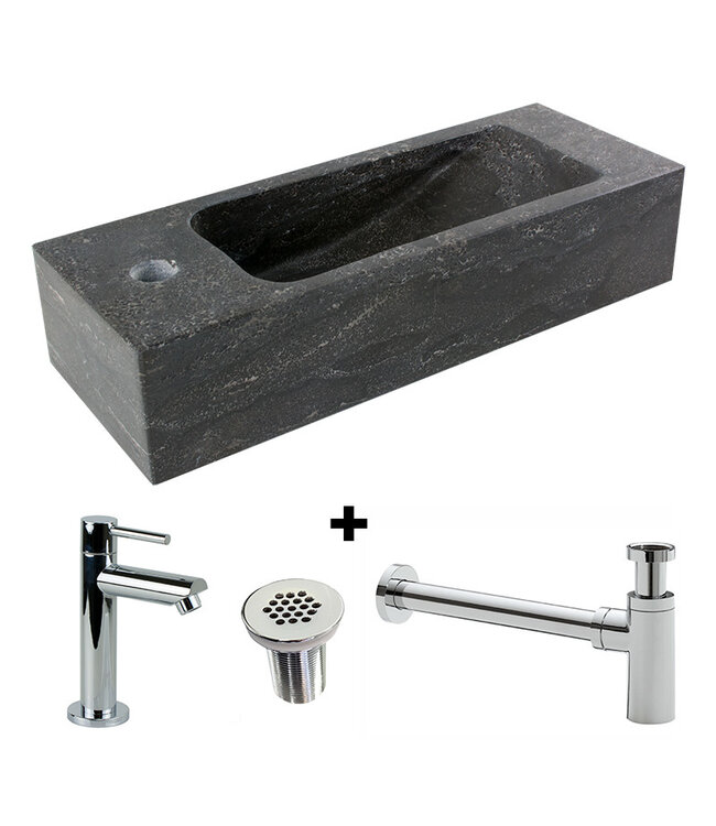 Fonteinset Natuursteen Slim 45x17x10 cm Rechthoek Rechts Antraciet incl. Fonteinkraan, Sifon en Rooster