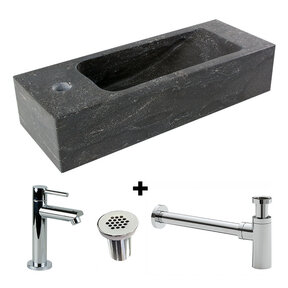 Fonteinset Natuursteen Slim 45x17x10 cm Links Rechthoek Antraciet incl. Fonteinkraan, Sifon en Rooster