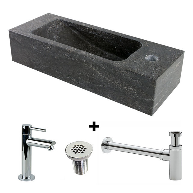 Fonteinset Natuursteen Slim 45x17x10 cm Links Rechthoek Antraciet incl. Fonteinkraan, Sifon en Rooster Fonteinset Natuursteen Slim 45x17x10 cm Links Rechthoek Antraciet incl. Fonteinkraan, Sifon en Rooster