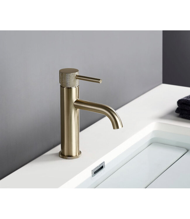 SANI-SUPPLY Wastafelkraan Opbouw Ribbed Geborsteld goud wastafel mengrkaan laag