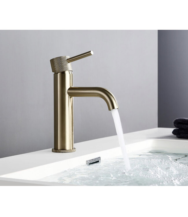 Wastafelkraan Opbouw Ribbed Geborsteld goud wastafel mengrkaan laag