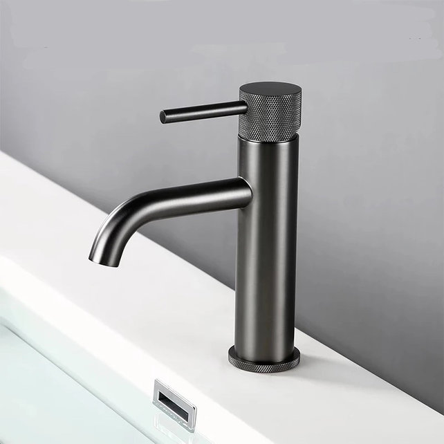 Wastafelkraan Opbouw Ribbed Gunmetal wastafel mengrkaan laag