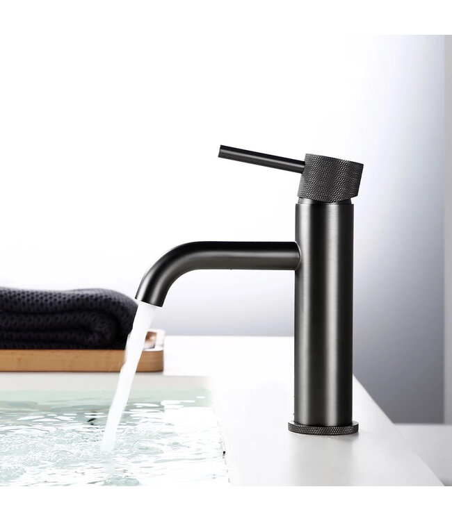 Wastafelkraan Opbouw Ribbed Gunmetal wastafel mengrkaan laag