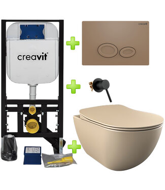 CREAVIT Toiletset met bidet Mat Cappuccino Randloos met omstelkraan incl. Softclose toiletbril