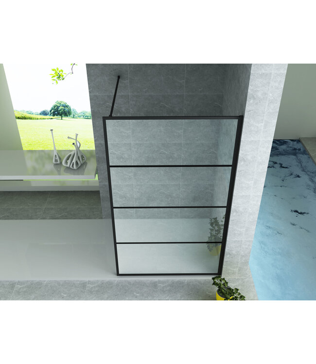 Douchewand Zwart Frame Luciano 100x200cm 8mm veiligheidsglas helder glas zwart raster incl. muursteun