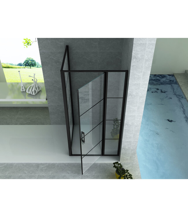 Douchecabine Frame Raster Zwart Mat 90x140cm Draaideur 8mm veiligheidsglas Nano-coating