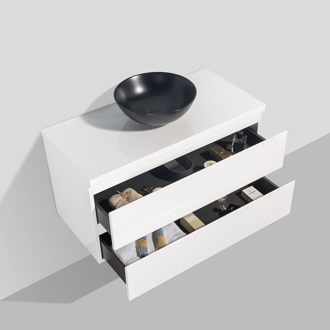 Wastafelonderkast Callisto Diamond 100x50x48cm Hoogglans Wit 2 Lades Softclose Greeploos Topblad Zonder Kraangat