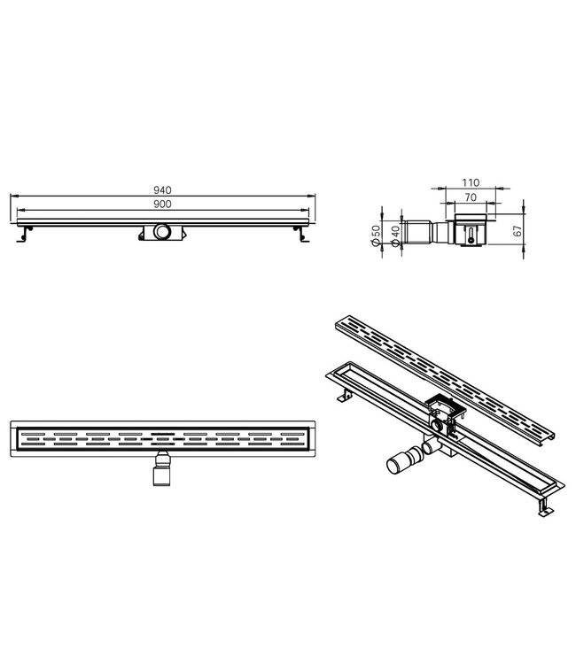 Douchegoot Mat Zwart FLENS 100 CM met Uitneembaar Sifon + uitneembaar haarfilter