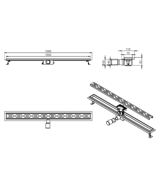 Douchegoot Geborsteld Goud FLENS 80 CM met Uitneembaar Sifon + uitneembaar haarfilter