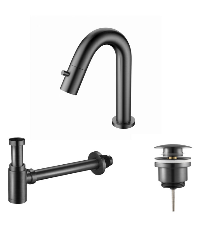 Fonteinkraan set Mila geborsteld Goud Toiletkraan + Sifon + Clickwaste