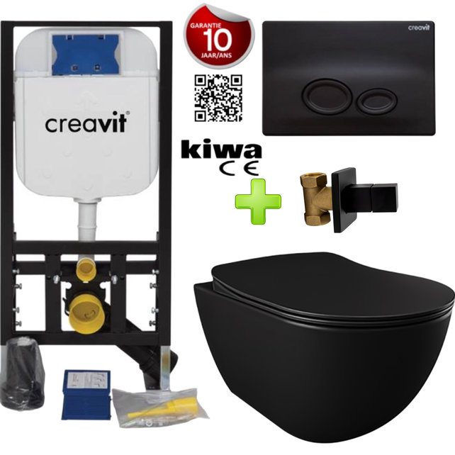 Toiletset Zwart Mat Creavit Freedom compleet toiletset incl. wc bril softclose + inbouwreservoir + Drukplaat