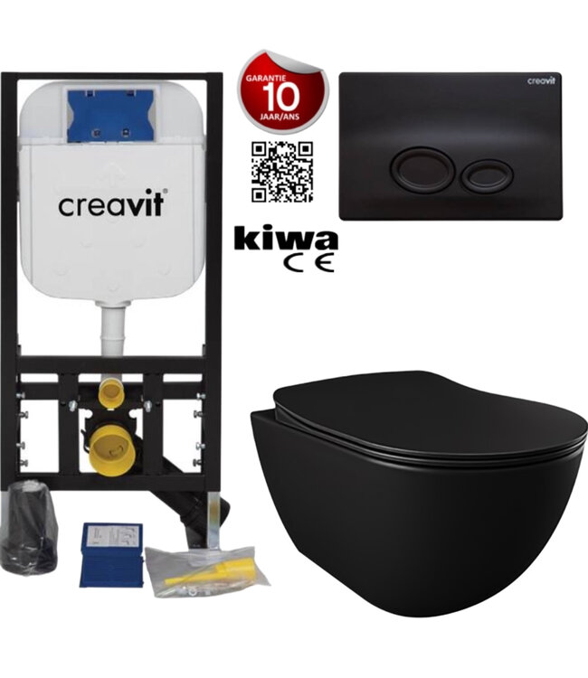 Toiletset Zwart Mat Randloos Creavit Freedom compleet toiletset incl. wc bril softclose + inbouwreservoir + Drukplaat