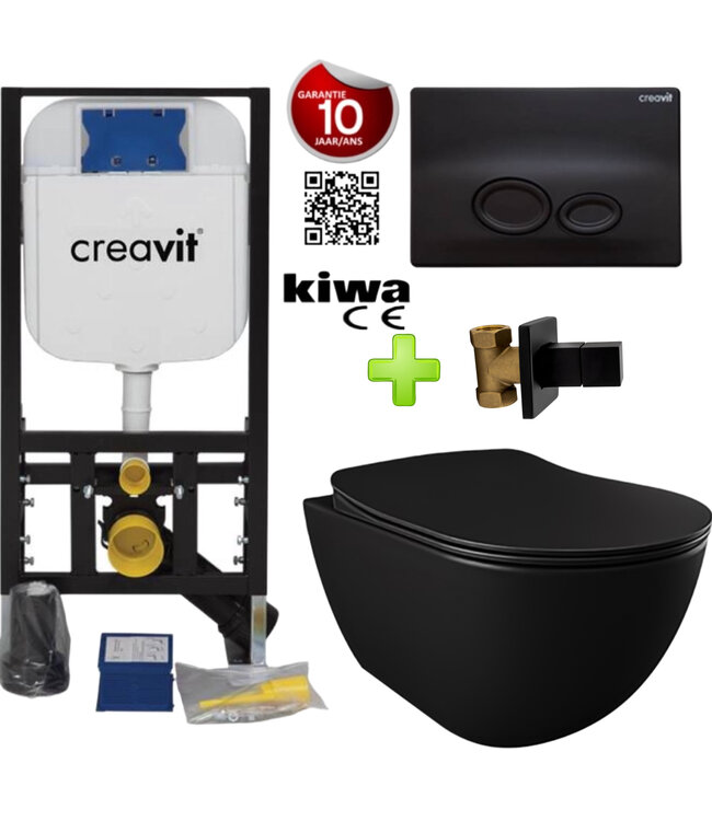 Toiletset Zwart Mat Randloos Creavit Freedom compleet toiletset incl. wc bril softclose + inbouwreservoir + Drukplaat