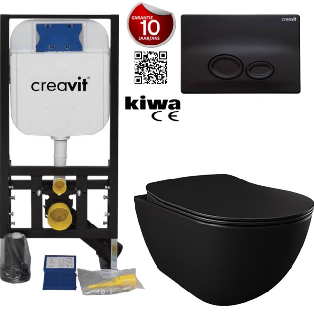 Toiletset Zwart Mat Randloos met bidet Creavit Freedom compleet toiletset incl. wc bril softclose + inbouwreservoir + Drukplaat Toiletset Zwart Mat Randloos met bidet Creavit Freedom compleet toiletset incl. wc bril softclose + inbouwreservoir + Drukplaat