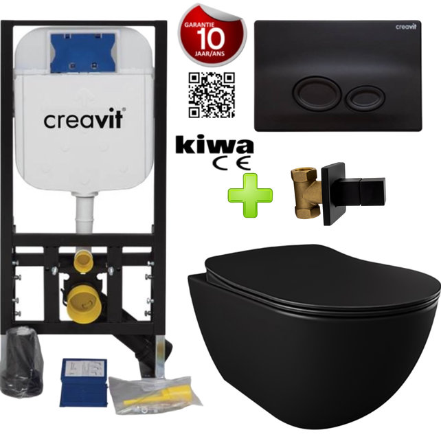 Toiletset Zwart Mat Randloos met bidet Creavit Freedom compleet toiletset incl. wc bril softclose + inbouwreservoir + Drukplaat Toiletset Zwart Mat Randloos met bidet Creavit Freedom compleet toiletset incl. wc bril softclose + inbouwreservoir + Drukplaat
