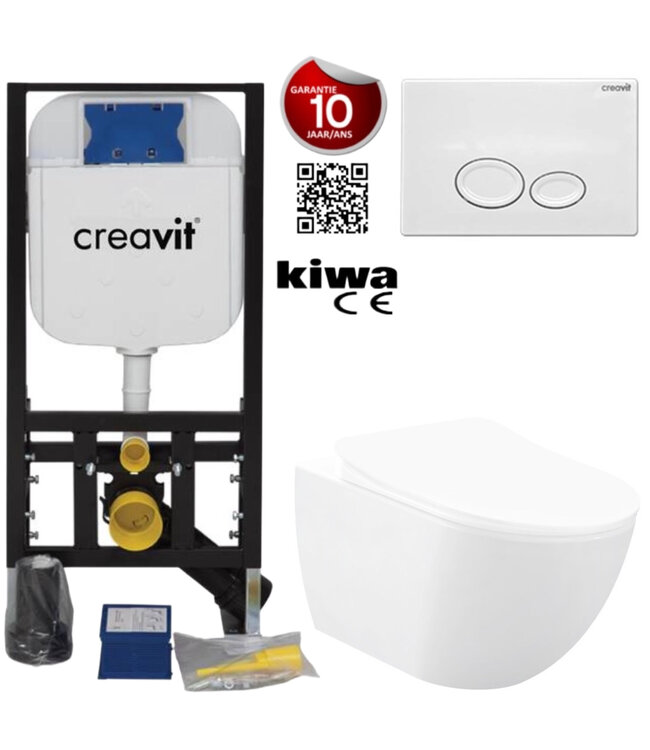 Toiletset Wit Randloos Creavit Freedom compleet met wc bril softclose + inbouwreservoir + Drukplaat