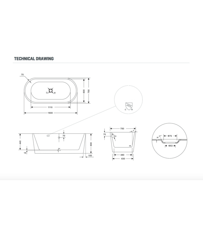 Vrijstaand bad Liberta Ovaal 160x75x60 cm Glasvezelversterkt Hoogwaardig Acryl Glans Wit met Badwaste en Overloop