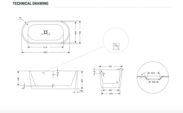 Vrijstaand bad Liberta Ovaal 170x80x60 cm Glasvezelversterkt Hoogwaardig Acryl Glans Wit met Badwaste en Overloop