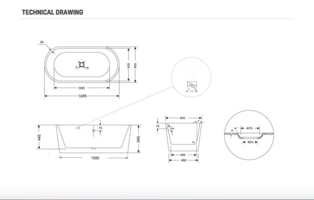 Vrijstaand bad Liberta Ovaal 170x80x60 cm Glasvezelversterkt Hoogwaardig Acryl Glans Wit met Badwaste en Overloop