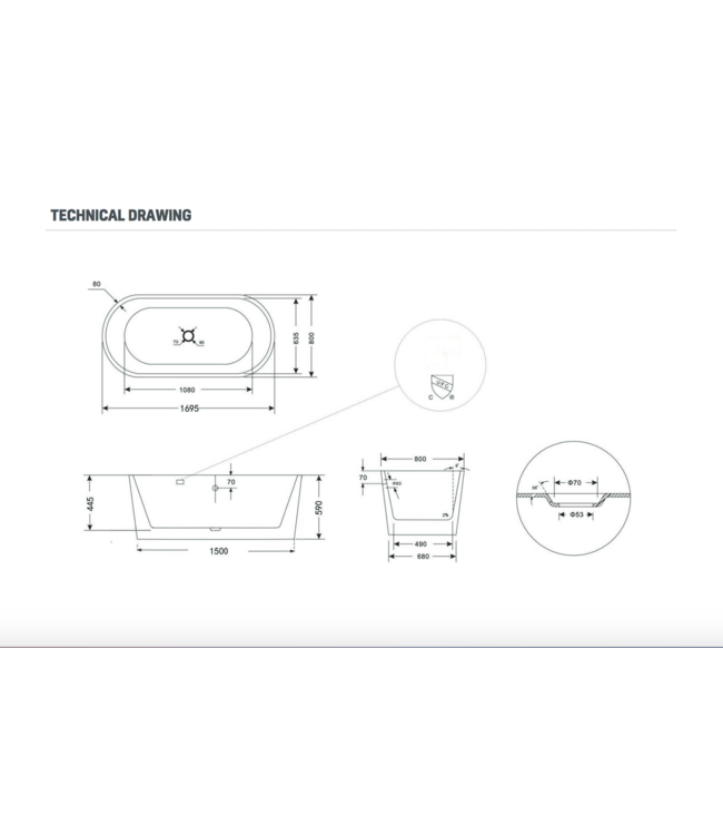 Vrijstaand bad Liberta Ovaal 170x80x60 cm Glasvezelversterkt Hoogwaardig Acryl Glans Wit met Badwaste en Overloop