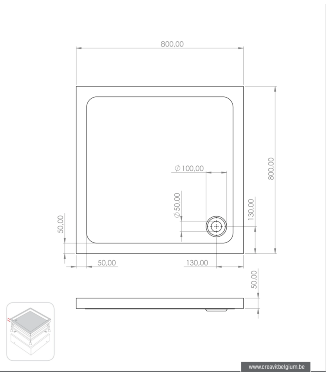 Douchebak Queen Hoog Vierkant 90x90x15cm Antislip Wit