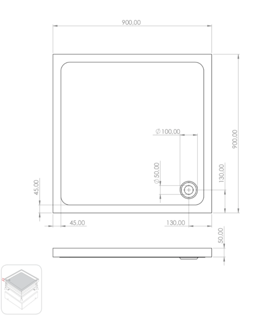 Douchebak Queen Hoog Vierkant 90x90x15cm Antislip Wit