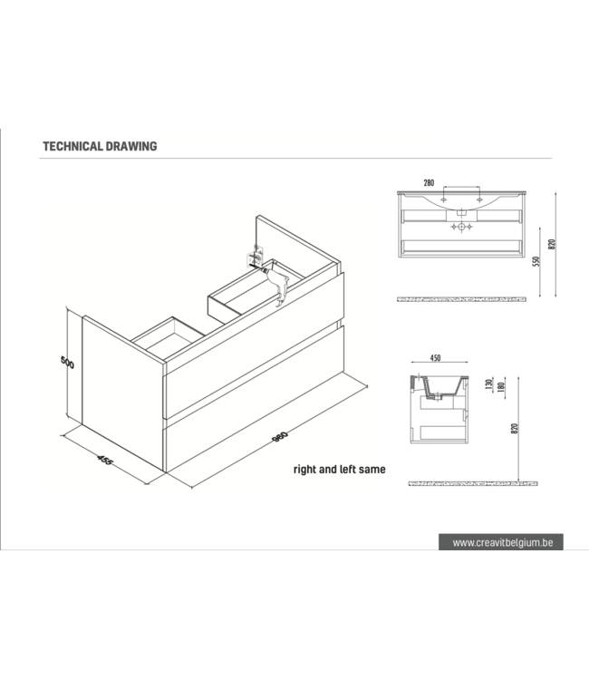 Badkamermeubel 100x50x45cm Sally Mat Eiken Topblad  zonder uitsparing
