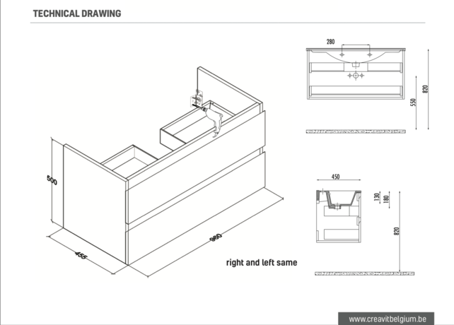 Badkamermeubel 100x50x45cm Sally Glans Wit Topblad zonder uitsparing