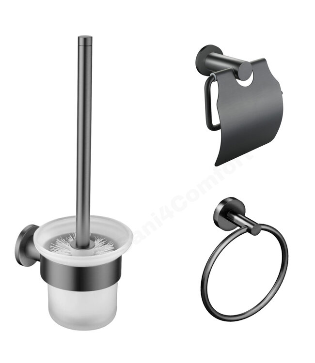 Toilet Accessoires Set Rondo Mat Zwart Toiletborstelhouder Toiletrolhouder en Handdoekring