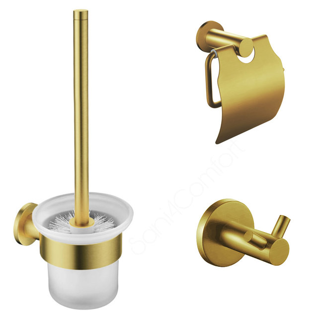 Toilet Accessoires Set Rondo Geborsteld Goud Toiletrolhouder Toiletborstelhouder en Jashaak Toilet Accessoires Set Rondo Geborsteld Goud Toiletrolhouder Toiletborstelhouder en Jashaak